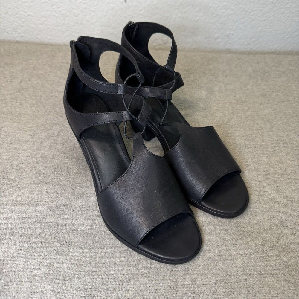 Eileen Fisher Lou Block Heel Sandals Black Leather Comfort Lagenlook Women 8.5